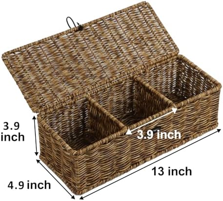Waterproof Wicker Storage Basket with Lid and Dividers, Brown