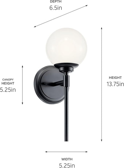 Kichler Benno 1-Light Wall Sconce, Modern Light with Opal Glass in Black, for Bathroom, Powder Room, Kitchen, Bedroom, or Hallway (13.75" x 5.25"), 55170BK