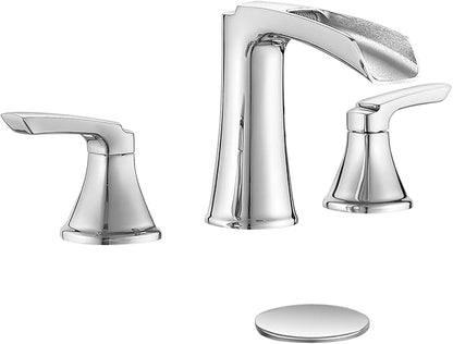 Fapully Chrome Bathroom Faucet 3 Hole, Waterfall 8 Inch Widespread Bathroom Sink Faucet with Pop-up Drain, Two-Handle Faucets for Bathroom Sink