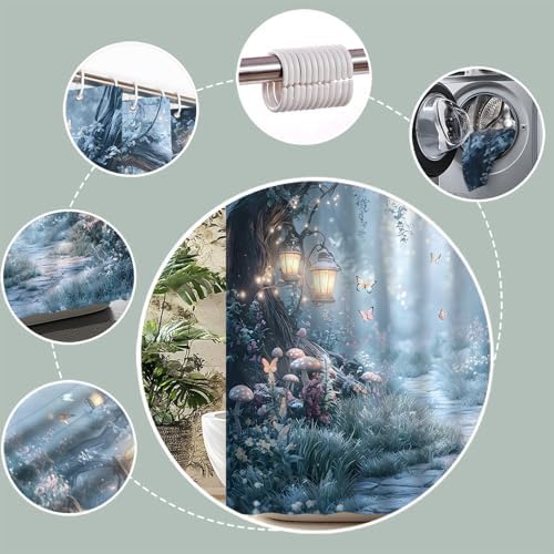 Fantasy Forest Path Shower Curtain Winter Fairy Magical Enchanted Misty Jungle Mushroom Floral Tree Butterfly Lantern Wonderland Bath Curtain Fabric Bathroom Accessories Decor with Hooks 84W x70L