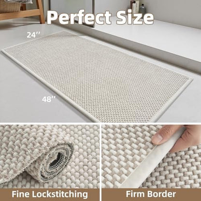 PADOOR-Bath Mat Runner-Super Absorbent Chenille Bathroom Mats-Rubber Backed Bath Mats for Bathroom Non Slip, Easy Clean Bathroom Runner Rugs Front of Bathtub,Shower Room,Sink-24×48, Beige&Cream