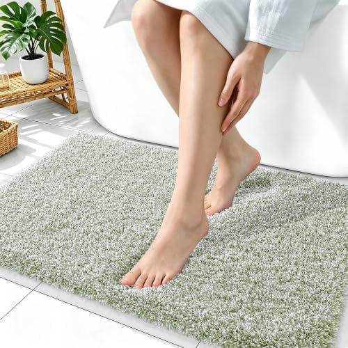 OLANLY Microfiber Bathroom Rugs 36x24, Quick Dry Mat, Sage Green and White