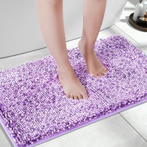 Yimobra Chenille Bathroom Rugs, 28x17.5, Extra Soft Bath Mats for Bathroom Non Slip, Fluffy Plush Luxury Shower Mat Outside, Water Absorbent, Machine Washable, Purple & Lavender