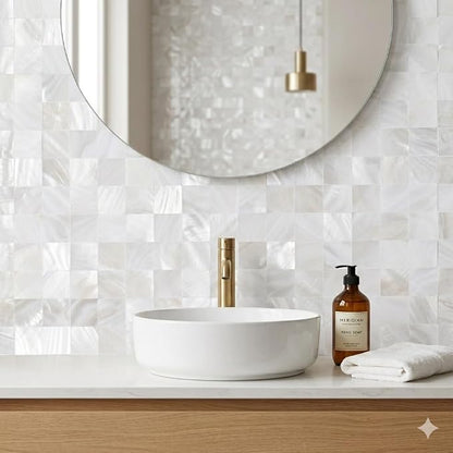 10-Sheet Solid Pure White Mother of Pearl Peel and Stick Backsplash Tiles | Shell Peel and Stick Wall Panels, 12×12" Waterproof Mosaic Tiles, Square Self-adhesive Backsplash for Kitchen, Bathroom