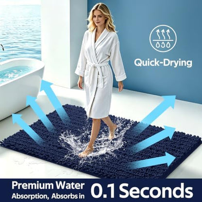 Upgrade Luxury 2 Piece Navy Blue Toilet Bathroom Rug Mat U Shape 24"x20"+48"x20", Ultra Soft Thick Absorbent Bath Mats, Non Slip Chenille Toilet Mat for Bathroom, Bedroom, Kitchen, Shower, Tub
