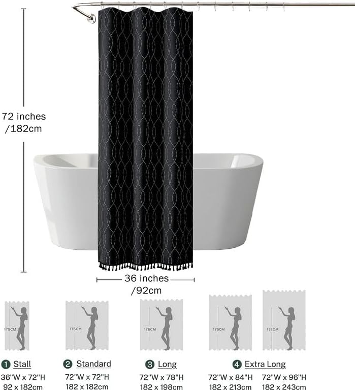 OVZME Black Stall Shower Curtain for Bathroom, Puff Printed Textured Shower Curtain with Tassels, Geometry Heavy Duty Vintage Country Narrow Bathroom Curtain, Water Resistant Fabric, 36Wx72L