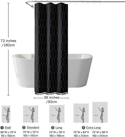 OVZME Black Stall Shower Curtain for Bathroom, Puff Printed Textured Shower Curtain with Tassels, Geometry Heavy Duty Vintage Country Narrow Bathroom Curtain, Water Resistant Fabric, 36Wx72L