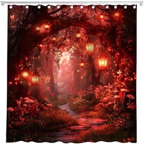 Fantasy Forest Path Shower Curtain Red Fairy Magical Enchanted Misty Jungle Mushroom Floral Tree Butterfly Lantern Wonderland Bath Curtain Fabric Bathroom Accessories Decor with Hooks 70W x75L