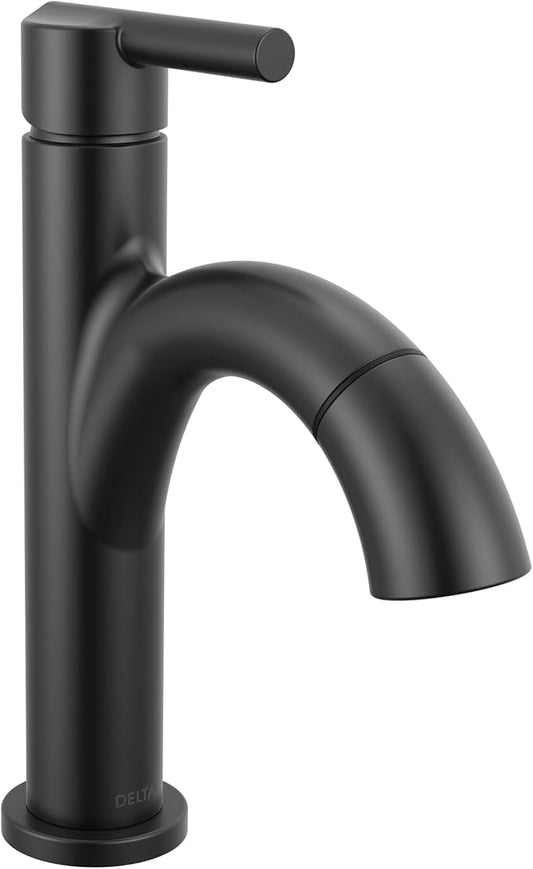 Delta Nicoli 1 Hole Matte Black Bathroom Faucet with Sprayer, Single Hole Bathroom Sink Faucet with Pull Out Sprayer for Vanity, Push-Pop Drain, Matte Black 15749LF-BLPD
