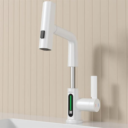 Bathroom Single Handle Basin Sink Pull Out Faucet with Rainfall Spray Head Temperature Digital Display Vanity Mixer Tap White