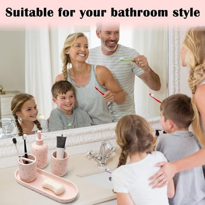 Bathroom Accessories Sets 4-Piece, Premium Pastel Heart Bathroom Accessory Complete Set - Toothbrush Holder, Lotion Soap Dispenser, Vanity Tray, Bathroom Tumbler for Countertop Vanity (Pink)