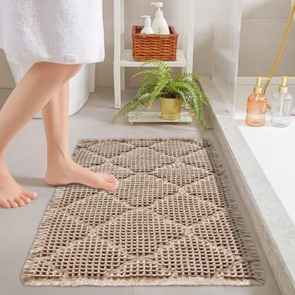 ZALL Tan Waffle Bath Mat,Super Absorbent Non Slip Bathroom Rug,Brown 17x24inch, Geometric Diamond Machine Washable Ultra Soft Floor Mats