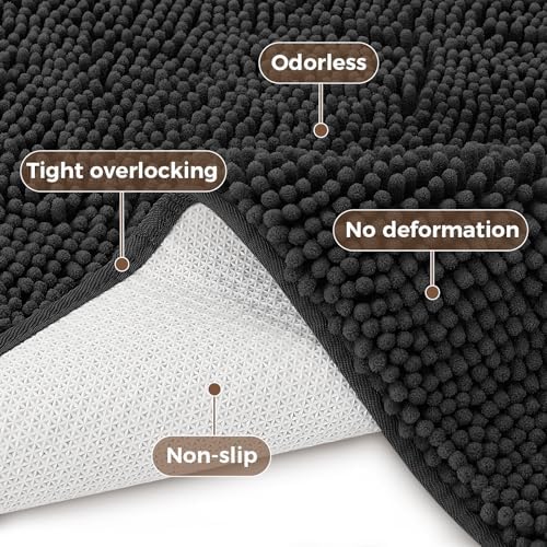 Bcoimo Bath Rug Mat Set, 2 Piece High Absorbent Chenille Bathroom Mat Black