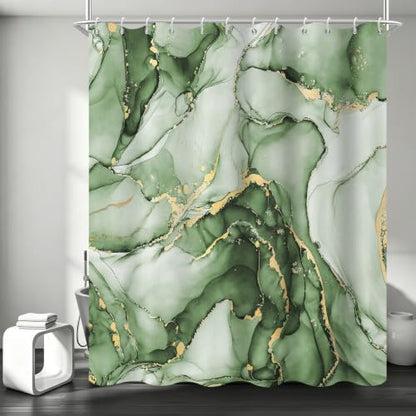 Olive Green Marble Shower Curtain Modern Abstract Luxury Gold Ink Texture Ombre Watercolor Bathroom Curtain Set with Hooks Soft and Lightweight Waterproof Fabric Machine Washable 72" Wx72 L