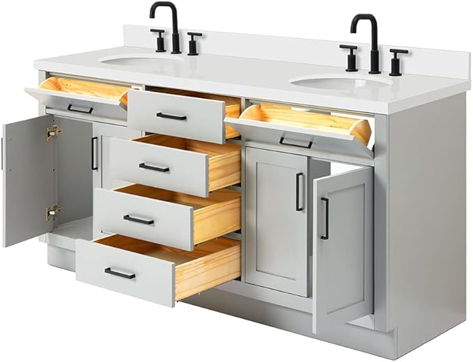 ARIEL Hepburn 72-inch Bathroom Vanity with Sink,Solid Wood, 1.5-inch Pure White Quartz Countertop & Backsplash, Double Oval Porcelain Sink, 4 Soft Closing Doors, 6 Dovetail Drawers, Grey