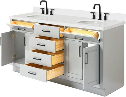 ARIEL Hepburn 72-inch Bathroom Vanity with Sink,Solid Wood, 1.5-inch Pure White Quartz Countertop & Backsplash, Double Oval Porcelain Sink, 4 Soft Closing Doors, 6 Dovetail Drawers, Grey