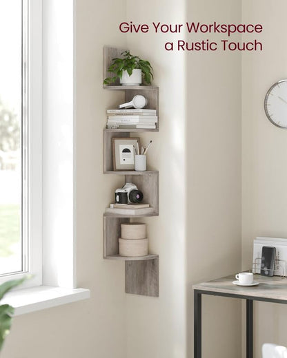 VASAGLE Corner Shelf Wall Mount, 5-Tier Floating Corner Bookshelf, Plant Shelf for Bedroom, Living Room, Bathroom, Home Office, Heather Greige