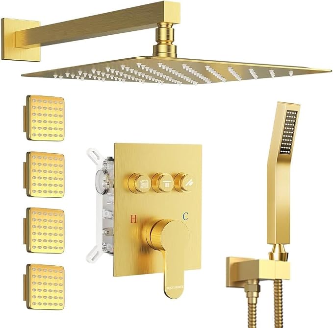Shower System with Body Jets,Bostingner 12" Rain Shower and Handheld, Can Use All Spray at A Time,Wall Mount Push Button Shower Faucet Set with Valve and Trim Kit Included,Brushed Gold