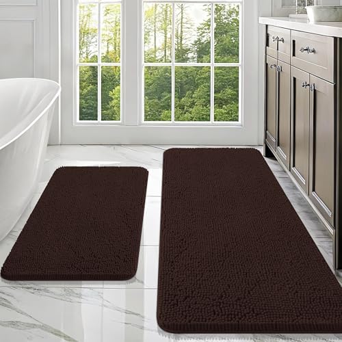 OLANLY Chenille Bathroom Rugs Mats Sets 2 Piece, 47"x20"+30"x20", Brown