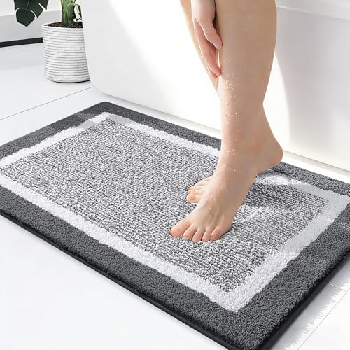 OLANLY Small Bathroom Rugs 24x16, Absorbent Microfiber Bath Rugs, Dark Grey
