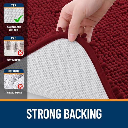OLANLY Chenille Bathroom Rugs Mats Sets 2 Piece, 36"x24"+24"x20", Red
