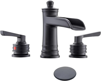 Fapully Matte Black Bathroom Sink Faucet, Waterfall Bathroom Faucets 3 Hole, 8 Inch Widespread Bathroom Faucet with Pop-up Drain, 2-Handle Faucet for Bathroom Sink Vanity RV