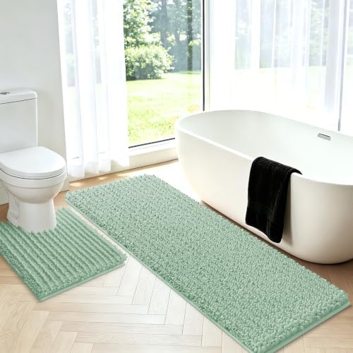 Upgrade Luxury 2 Piece Sage Green Toilet Bathroom Rug Mat U Shape 24"x20"+48"x20", Ultra Soft Thick Absorbent Bath Mats, Non Slip Chenille Toilet Mat for Bathroom, Bedroom, Kitchen, Shower, Tub