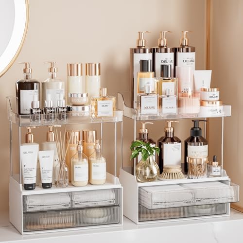 Delamu 4-Tier Makeup Organizer, Bathroom Counter, 2 Drawers,Clear 2Pack