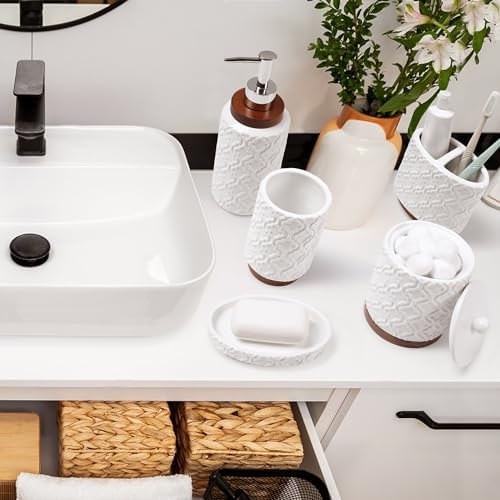 RQYIXI Ceramic Bathroom Accessories Set,White,5 Piece,Embossed Design