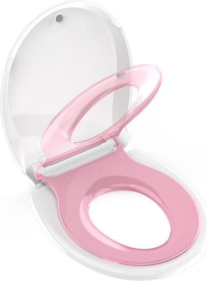 Potty Training Seat Built-in Toilet Seat, Round Toilet Seat 16.5inch with Baby Seat 2 in 1 Soft Close Quiet No Slapping, Magnetic Absorption, Easy Installation for Bottom Fixing Toilet，White and Pink