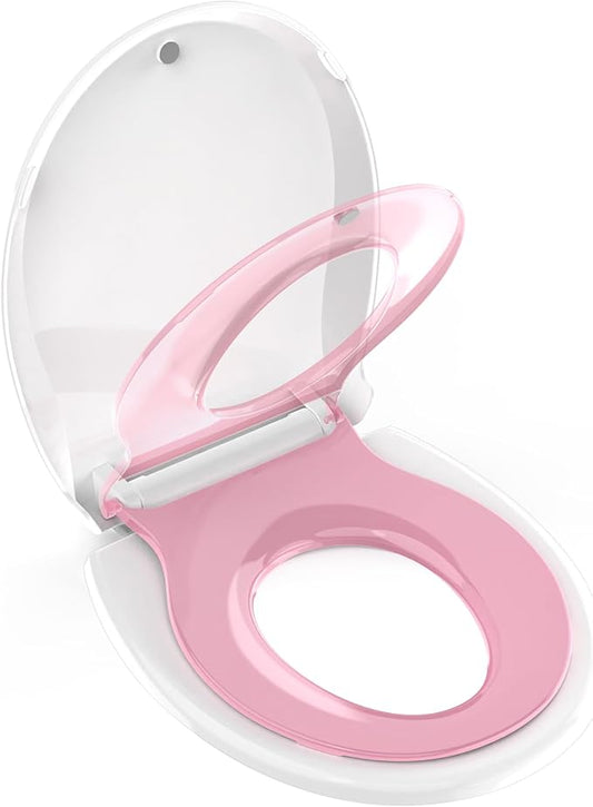 Potty Training Seat Built-in Toilet Seat, Round Toilet Seat 16.5inch with Baby Seat 2 in 1 Soft Close Quiet No Slapping, Magnetic Absorption, Easy Installation for Bottom Fixing Toilet，White and Pink