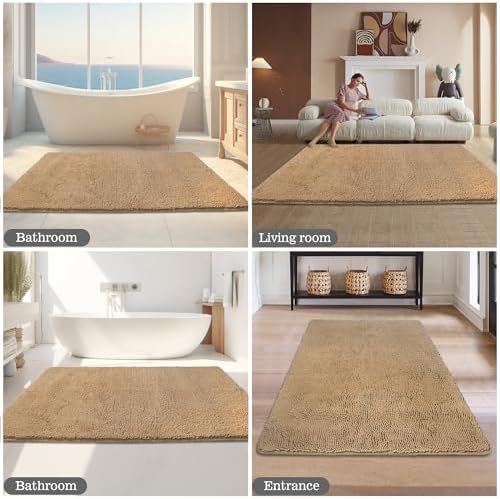 Yeaban Chenille Beige Bathroom Rug 40"x60",Non-Slip Rubber Backing
