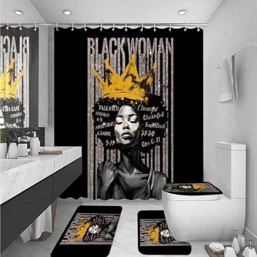 4Pcs Praying Black Queen Shower Curtain Set, Inspirational Quote African American Woman Shower Curtains with Rugs Toilet Lid Cover Bath Mat, Waterproof Fathers Day Bathroom Decor Sets