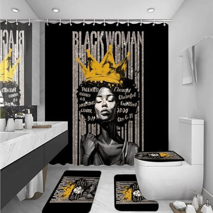 4Pcs Praying Black Queen Shower Curtain Set, Inspirational Quote African American Woman Shower Curtains with Rugs Toilet Lid Cover Bath Mat, Waterproof Fathers Day Bathroom Decor Sets