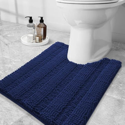 Grandaily Chenille Striped Toilet Rugs U-Shaped 24x20, Extra Soft and Absorbent Bathroom Rugs, Non-Slip Plush Shaggy Bath Rug, Machine Washable Contour Bath Mats for Toilet Base, Navy