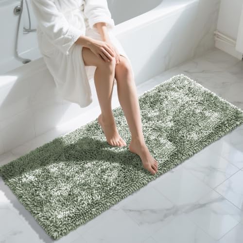 Yimobra Long Bathroom Rugs Runner 60x24 Inch, Extra Thick Soft Absorbent Chenille Bath Mat, Non Slip Machine Washable, Quick Dry Bath Rugs for Bathroom Floor, Tub and Shower, Sage Green