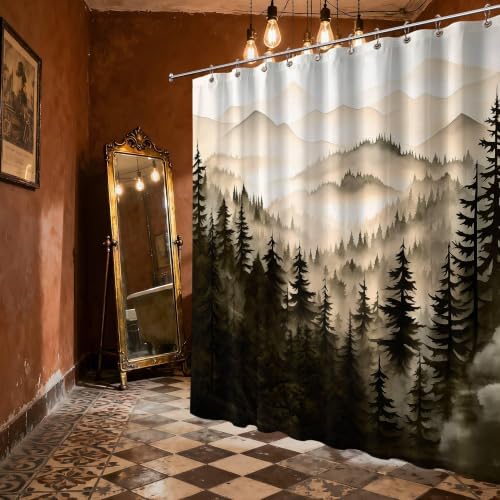 Dark Brown Forest Shower Curtain, 72x72 in, Mountain Pine Tree Bronze