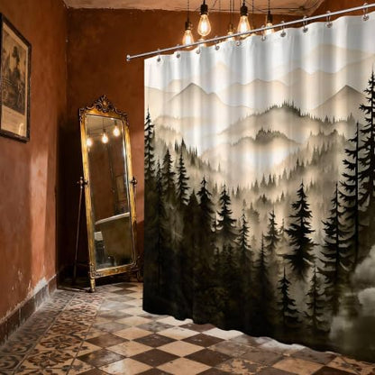 Dark Brown Forest Shower Curtain, 72x72 in, Mountain Pine Tree Bronze