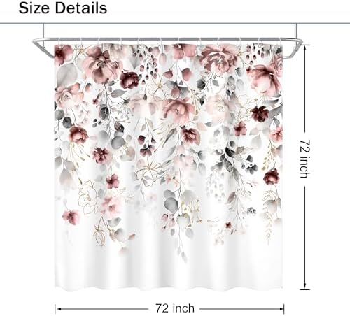 Floral Grey Pink Leaves Girls Watercolor Bathroom Shower Curtain Set