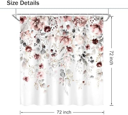 Floral Grey Pink Leaves Girls Watercolor Bathroom Shower Curtain Set
