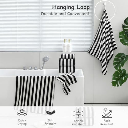 18 Pcs Black White Cabana Stripe Bath Towel Set with Hanging Loop-6 Bath Towels,6 Hand Towels,6 Washcloths Family Towels Set Bathroom Towel Highly Absorbent Quick Dry Shower Towel for Beach Spa Gym