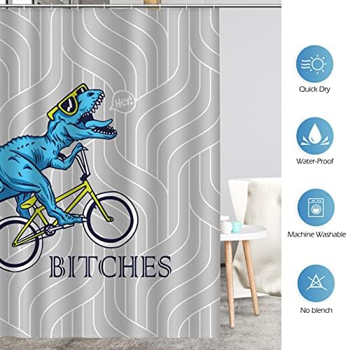 Aimego Long Funny Shower Curtain - Cute Blue Dinosaur Ride A Bike Fun Dino Fabric Cloth Bath Shower Curtain Set with 12 Hooks for Bathroom Decor Accessories Bathtub Curtain, 72"x78"
