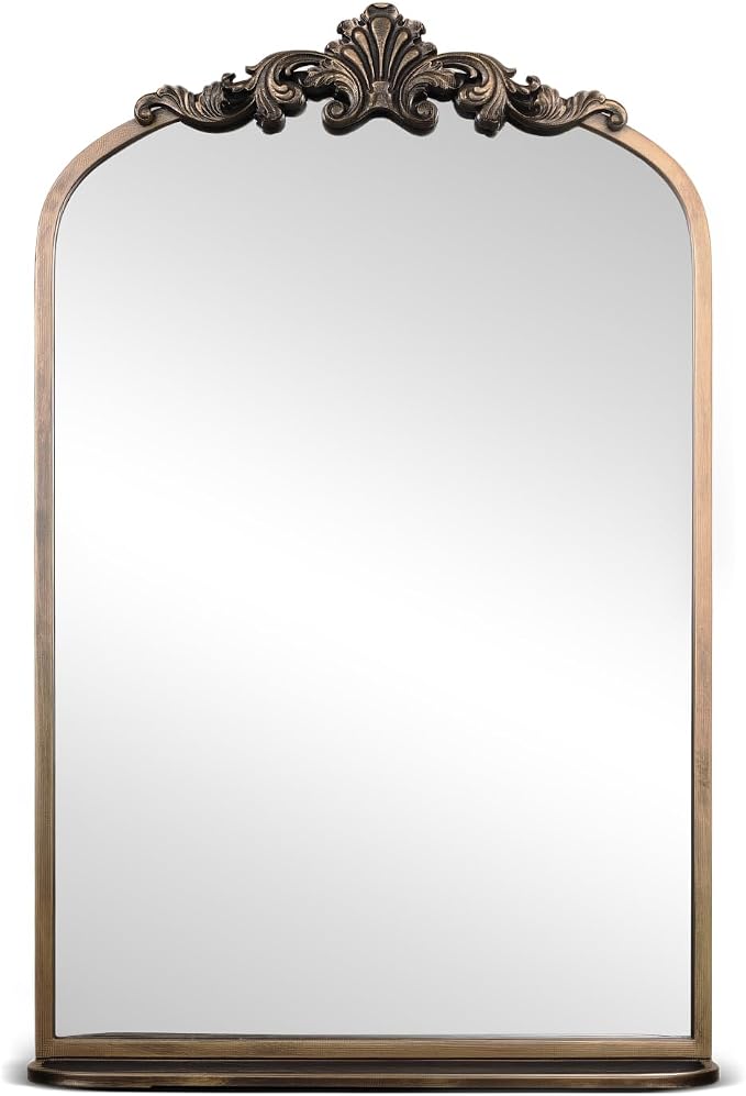 deerlove Traditional Arched Mirror with Shelf, 20.9x31.5 Inch, Antique Gold | Ornate Arched Design, Bronze Frame, Baroque Wall Mirror Shelf, For Bathroom, Bedroom, Entryway, Dining Room, Living Room