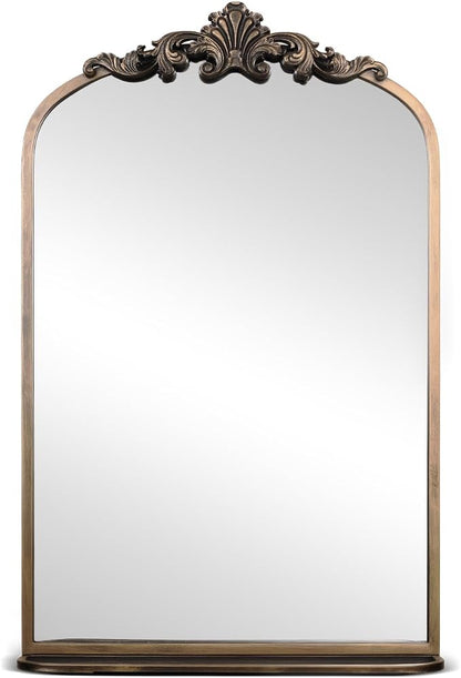 deerlove Traditional Arched Mirror with Shelf, 20.9x31.5 Inch, Antique Gold | Ornate Arched Design, Bronze Frame, Baroque Wall Mirror Shelf, For Bathroom, Bedroom, Entryway, Dining Room, Living Room
