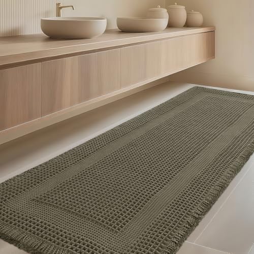 IM HOME Extra Large Waffle Bath Mat, Greyish Green 5'x2', Boho Bathroom Rugs Absorbent Non Slip, Ultra Soft Bathroom Mat, Machine Washable Knit Bath Rugs with Tassels for Bathroom, Kitchen, Tub