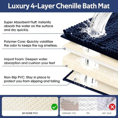 ACCUMTEK Striped Navy Blue Toilet Bathroom Rug Mat Set 2 piece Rug Ultra Soft, Non Slip Chenille Bath Rugs, Absorbent Plush Shaggy Bath Mats for Bathroom, Bedroom, Kitchen, Shower, Tub
