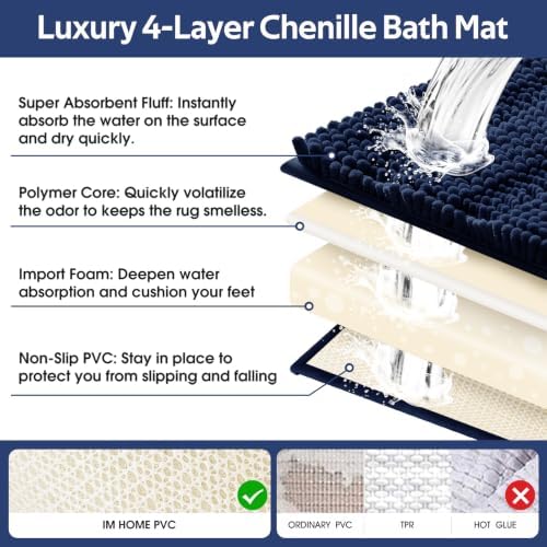 ACCUMTEK Striped Navy Blue Bathroom Rug Mat Set 2 piece 32"x20"+24"x17" Ultra Soft, Non Slip Chenille Bath Rugs, Absorbent Plush Shaggy Bath Mats for Bathroom, Bedroom, Kitchen, Shower, Tub