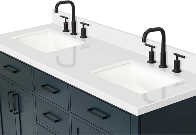 ARIEL Hepburn 60-inch Bathroom Vanity with Sink,Solid Wood, 1.5-inch Pure White Quartz Countertop, Double Rectangular Porcelain Sink, 4 Soft Closing Doors, 6 Dovetail Drawers, Midnight Blue