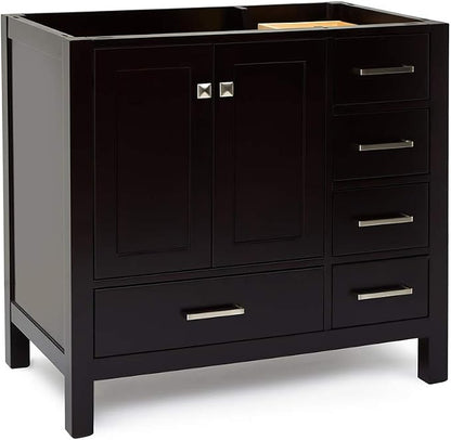ARIEL Cambridge 36-inch Bathroom Vanity Base Cabinet,Solid Wood, 2 Soft Closing Doors, 5 Dovetail Drawers, Espresso