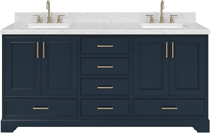 ARIEL Stafford 72-inch Bathroom Vanity with Sink,Solid Wood, 1.5-inch Italian Carrara Marble Countertop, Double Rectangular Porcelain Sink, 4 Soft Closing Doors, 6 Dovetail Drawers, Midnight Blue